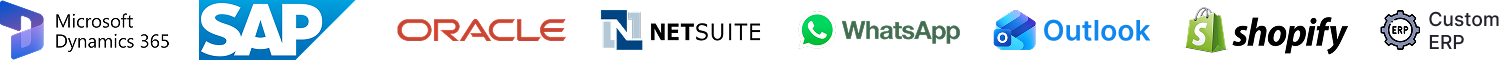 Microsoft Dynamics 365, SAP, Oracle, NetSuite, WhatsApp, Outlook, Shopify and custom ERP logos